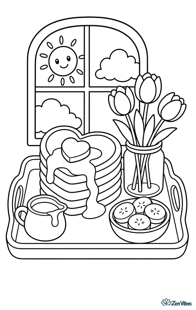 A stack of heart-shaped pancakes sits on a breakfast tray with syrup, sliced bananas, tulips in a jar, and a sunny window behind.