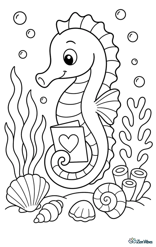 A lined seahorse curls its tail around a tiny valentine card underwater, with coral branches, seashells, seaweed, and bubbles all around.