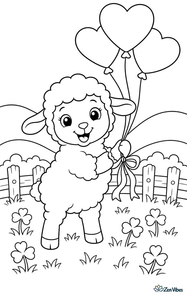 A fluffy lamb stands in a meadow holding ribbons tied to heart balloons, with clover patches, a wooden fence, and rolling hills behind.