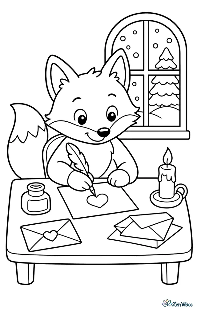 A red fox sits at a small desk writing a valentine letter, with ink, envelopes, a candle, and a window showing snowy trees.
