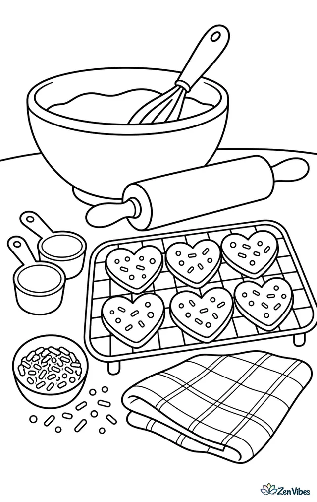 A mixing bowl and rolling pin rest on a kitchen counter where heart cookies are cooling, with measuring cups, sprinkles, and a checked towel nearby.
