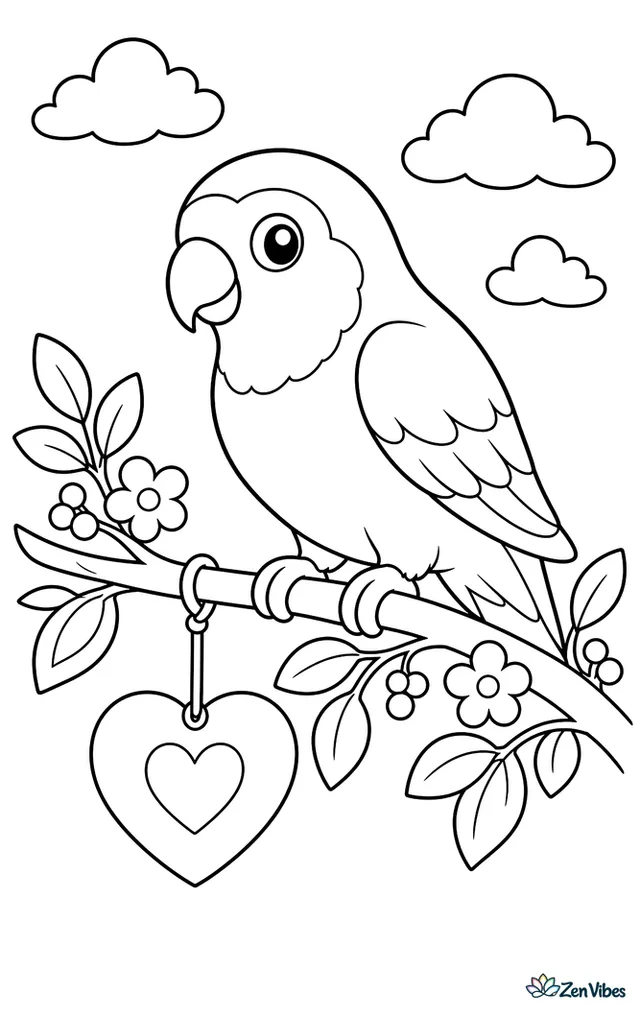 A peach-faced lovebird balances on a flowering branch beside a hanging heart ornament, with leaves, berries, and soft clouds in the sky.