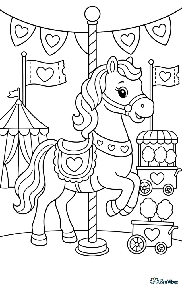 A decorated carousel horse stands beneath heart bunting at a fairground, with ticket flags, a striped tent, and cotton candy carts around it.