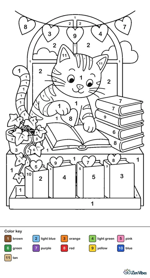 A tabby cat arranges heart bookmarks in a cozy bookstore window, with stacked novels, a potted ivy, and paper garlands above.