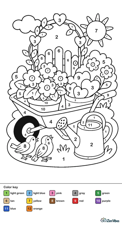 A metal wheelbarrow carries pots of pink primroses and valentines through a cottage garden, with a watering can, arbor gate, and chirping sparrows nearby.