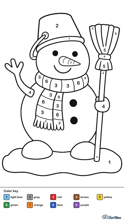 A round snowman with a bucket hat, a striped scarf, a carrot nose, and a broom, standing on a snowy ground line