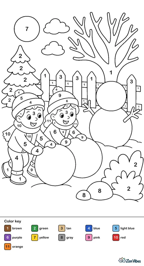 Two children rolling a big snowball toward a half-built snowman, with a fence, a bare tree, and a light blue sky