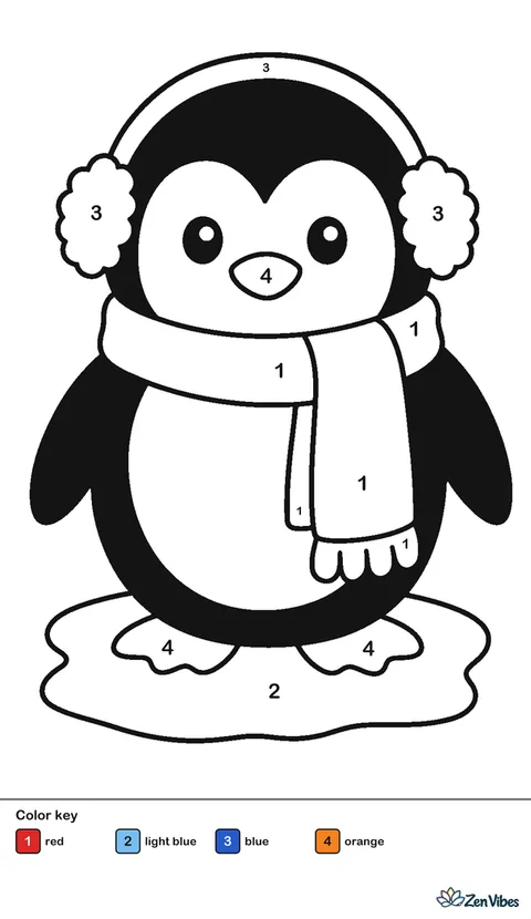 A round penguin wearing blue earmuffs and a red scarf, standing on a small patch of ice