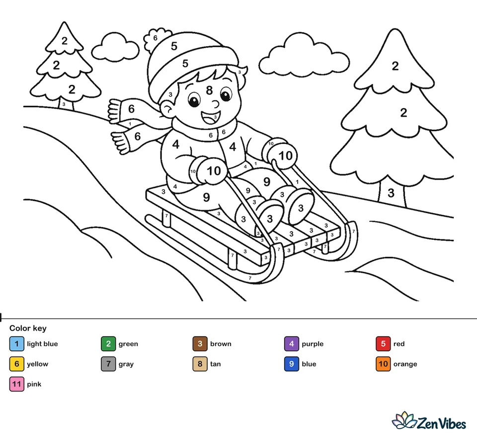 A child on a sled sliding down a snowy hill with two pine trees and a light blue sky behind