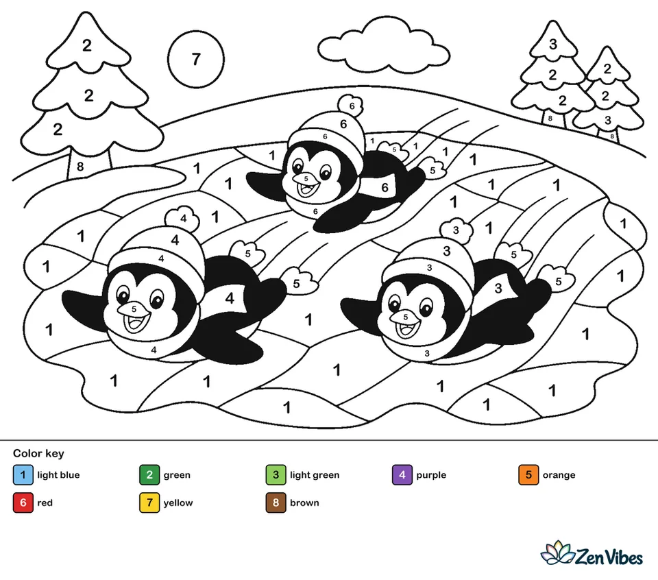 Three penguins sliding on their bellies across a sheet of ice with a small snow hill and a blue sky