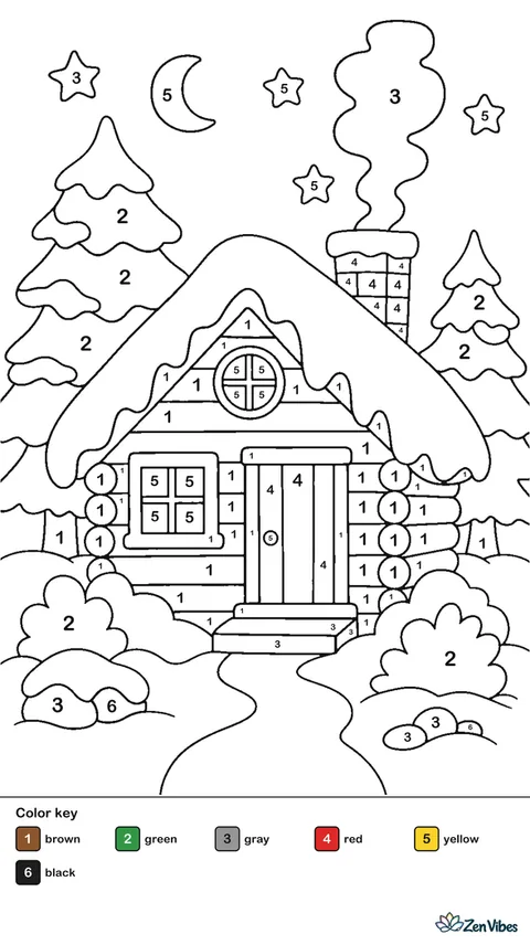 A small log cabin with snow on the roof, smoke from the chimney, two pine trees, and a purple evening sky