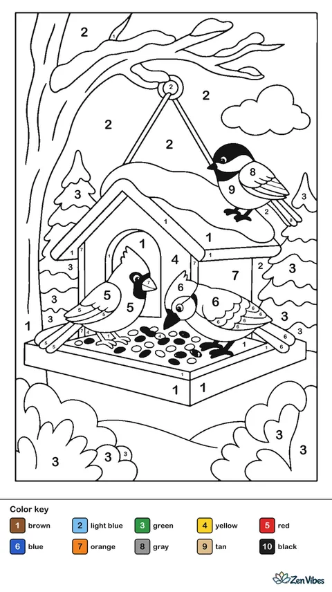 A wooden bird feeder hanging from a snowy branch with three small colorful birds and a light blue sky