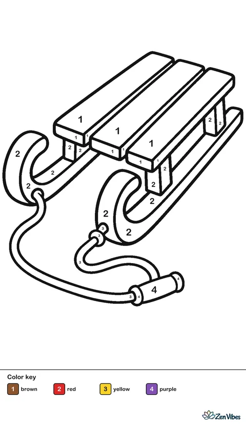 A wooden sled with two curved red runners, three flat slats, and a pull rope, on plain white