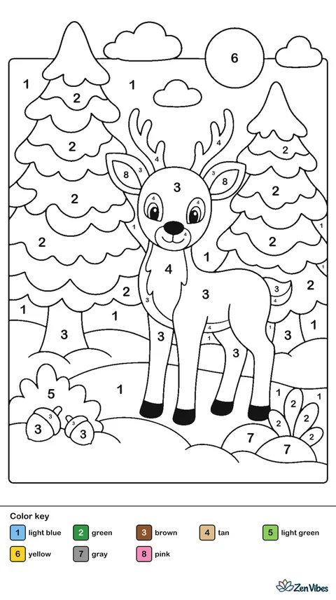A brown deer with small antlers standing between snow-covered pine trees under a light blue sky