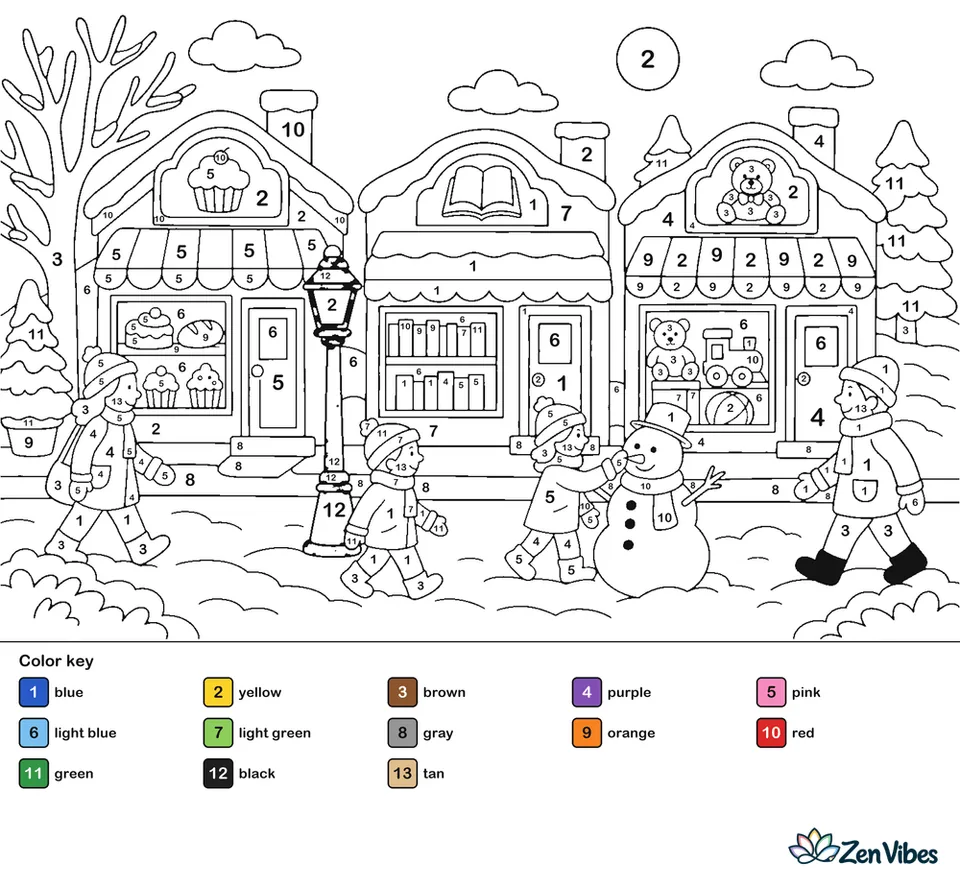 A snowy main street with a bakery, a bookshop, and a toy store, people in colorful coats, a lamp post, and a light blue sky