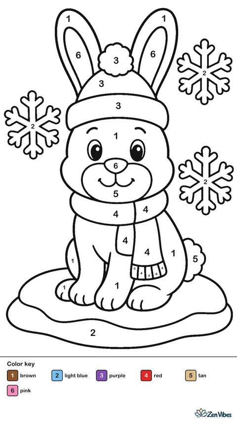 A brown bunny with tall ears sitting on a snowy mound with a few big snowflakes in the air