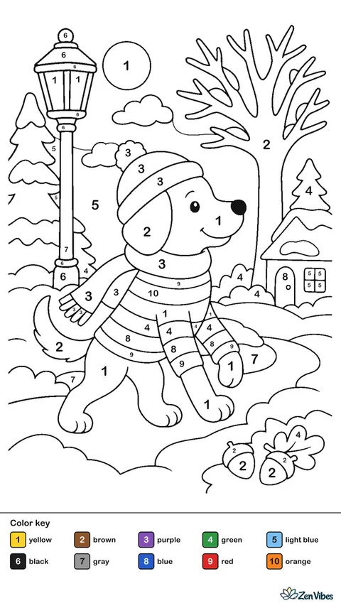 A dog in a striped sweater walking along a snowy path with a lamp post and a bare tree behind