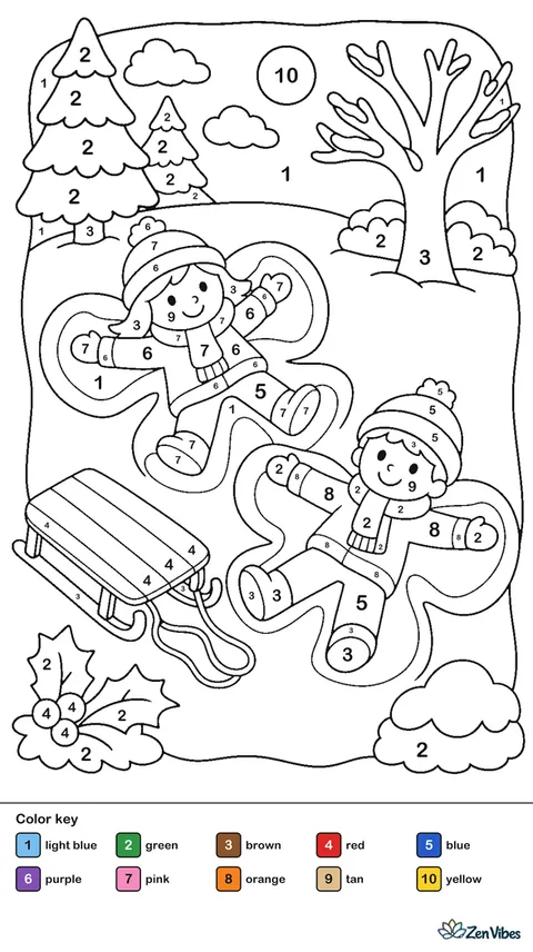 Two children lying in the snow making snow angels with a sled nearby and a light blue sky