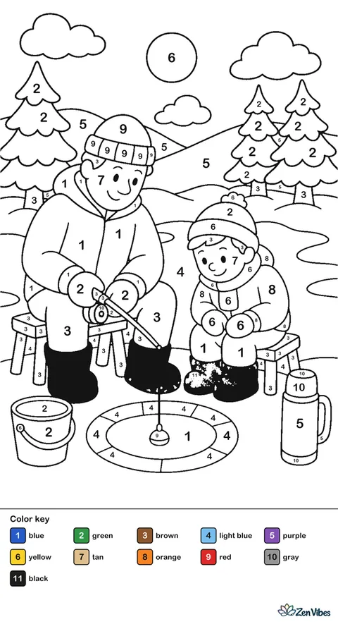A parent and child sitting on stools beside a hole in a frozen lake with a bucket, a thermos, and pine trees on the far shore
