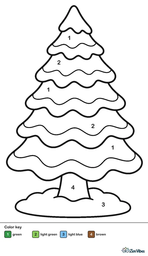 A tall evergreen tree with a rounded cap of snow on each layer of branches and a snow mound at the base