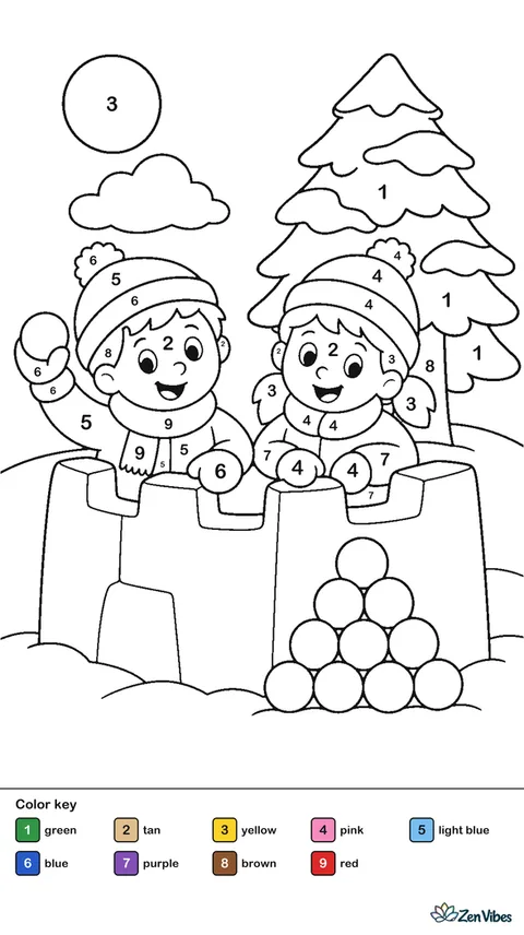 Two children behind a snow fort with a neat stack of snowballs, a pine tree behind, and a light blue sky