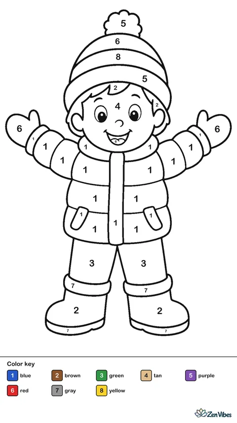 A child in a puffy blue coat, a striped hat, and mittens standing with arms out, ready to play in the snow