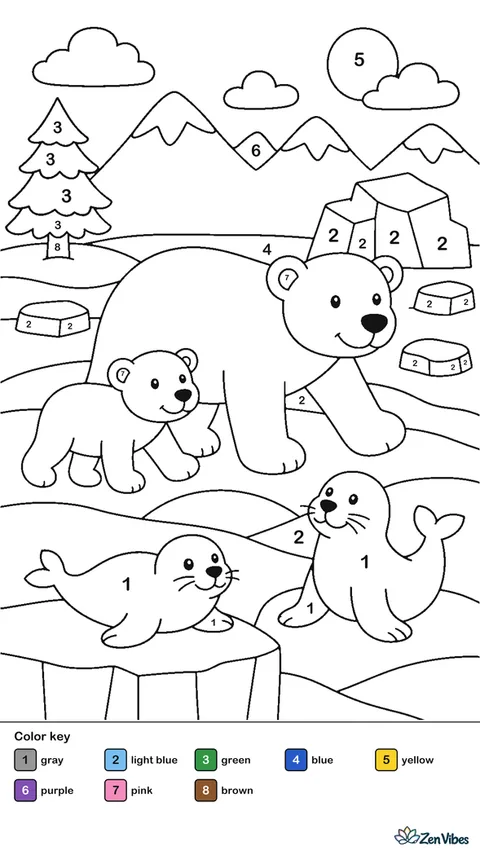 A polar bear and her cub walking across an ice field with snow drifts, two gray seals, and a light blue sky