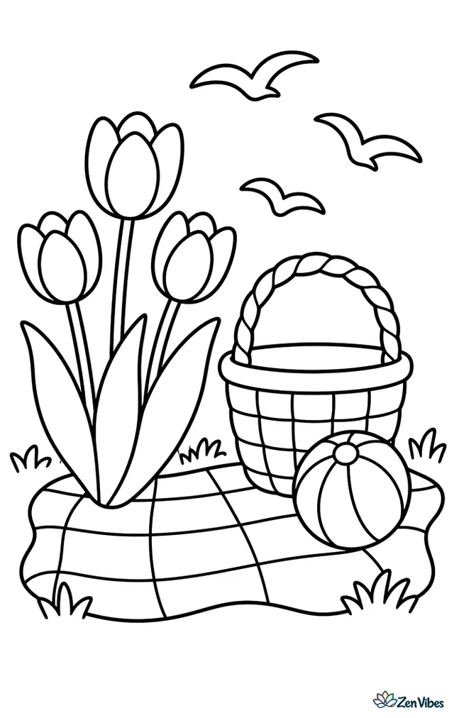 A cluster of red tulips grows beside a picnic blanket in a park, with a basket, a striped ball, short grass, and a few birds gliding across the open sky.