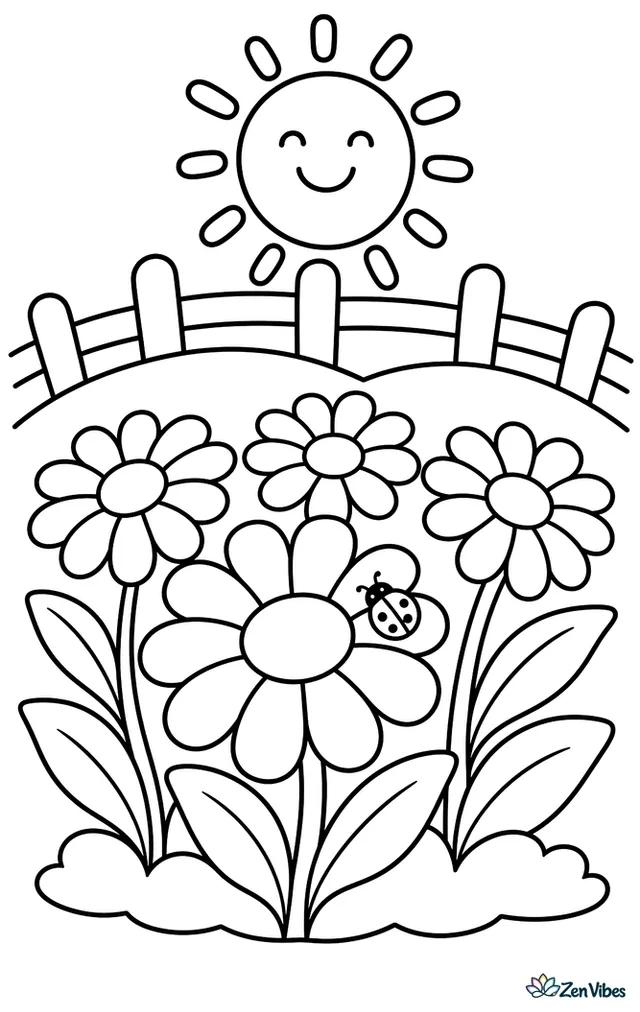 A patch of oxeye daisies blooms in a sunny meadow, with rounded hills, a wooden fence, a small ladybug on one petal, and a smiling sun above.
