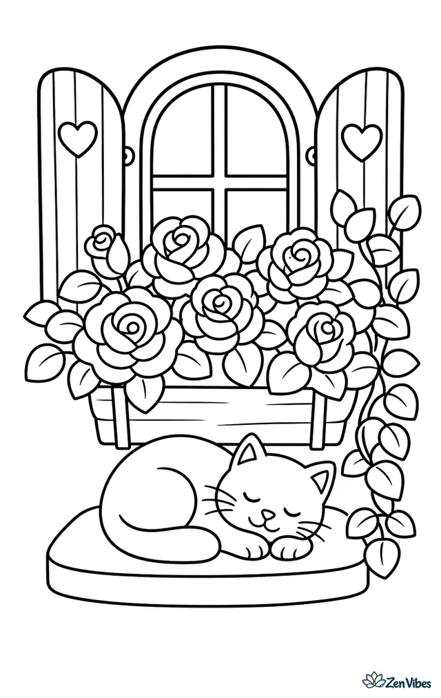 Pink roses spill from a wooden window box beneath a cottage window, with shutters, climbing leaves, a doorstep, and a sleeping cat curled nearby.
