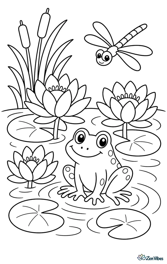 White water lilies float on a calm pond, with round lily pads, reeds at the edge, a dragonfly hovering above, and gentle ripples spreading around a frog.