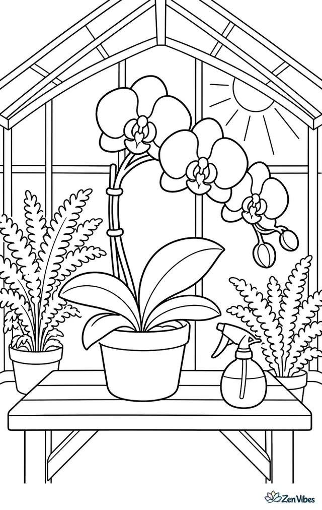 A moth orchid blooms on a bench inside a greenhouse, surrounded by potted ferns, glass panes, a misting bottle, and sunlight streaming through the roof.