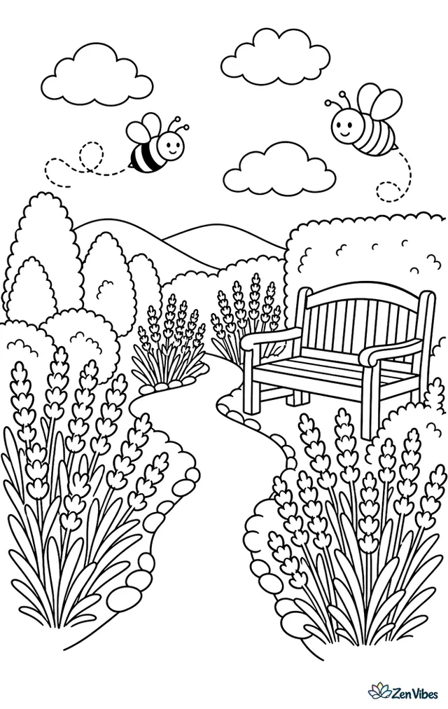 Rows of lavender line a winding garden path, with a wooden bench, buzzing bumblebees, trimmed hedges, and distant hills under a bright summer sky.
