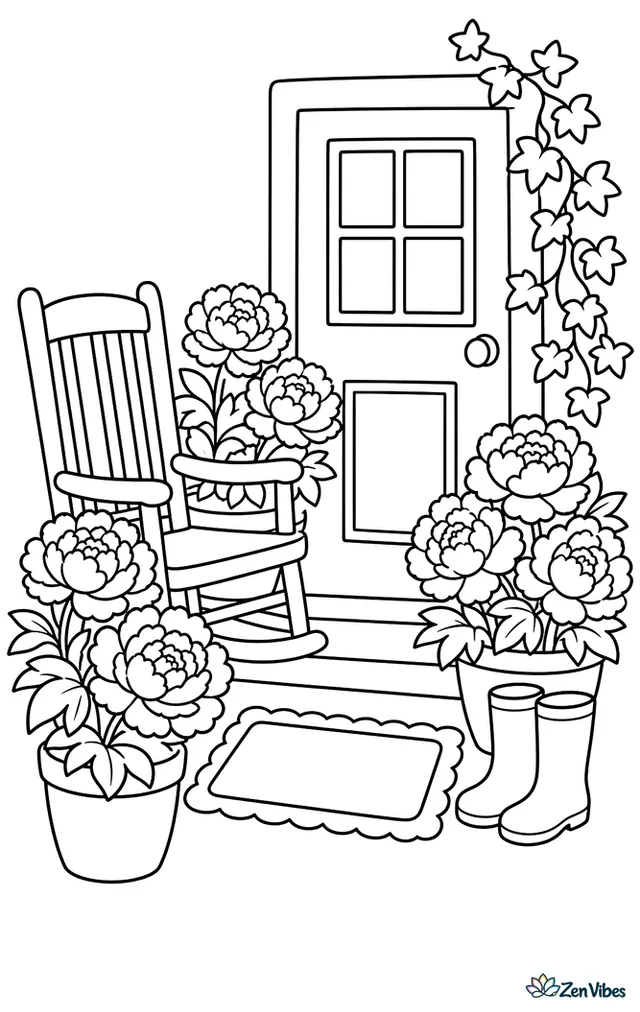 Full peony blossoms grow in pots along a front porch, with a rocking chair, a welcome mat, trailing ivy, and a pair of rain boots by the door.