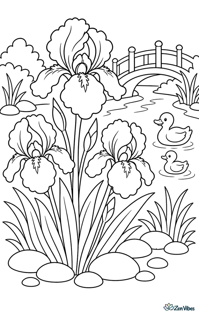 Purple bearded irises bloom along a quiet riverbank, with smooth stones, tall grasses, a small footbridge, and ducks paddling in the water nearby.