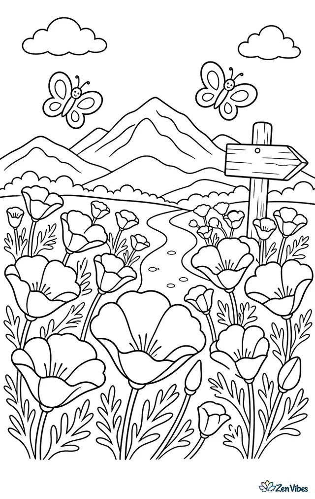 California poppies sway across a broad field, with a dirt path, distant mountains, a wooden signpost, and two butterflies floating above the blossoms.