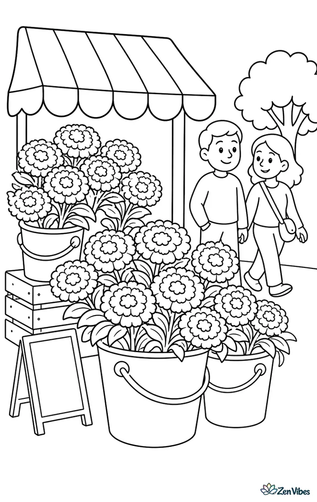 Bright marigolds fill buckets at an outdoor flower market, with striped awnings, stacked crates, a chalkboard sign, and neighbors strolling past the stall.
