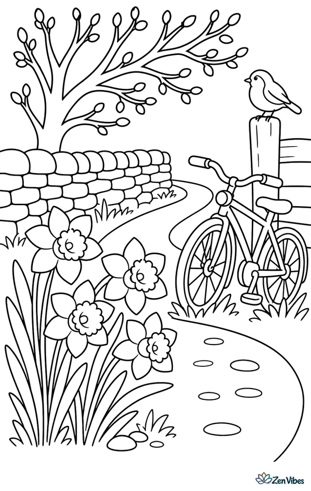 Yellow daffodils bloom along a country lane, with a stone wall, a bicycle resting nearby, budding trees overhead, and a robin perched on a fence post.
