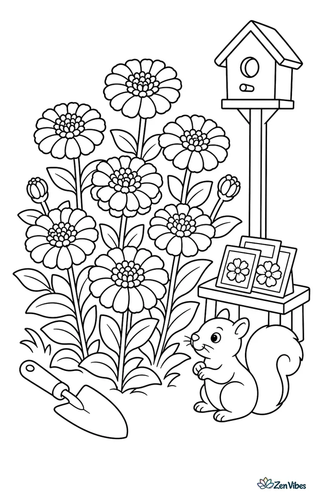 Colorful zinnias fill a backyard patch, with a garden trowel, seed packets on a bench, a birdhouse on a pole, and a curious squirrel nearby.