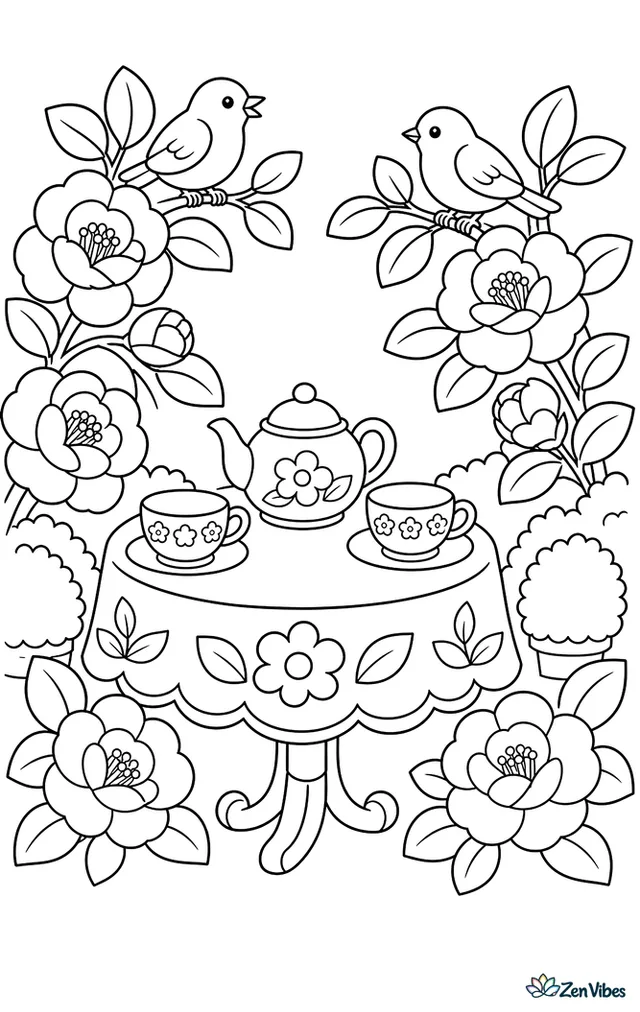 Camellia blossoms frame a small tea table in a garden, with teacups, a patterned cloth, clipped shrubs, and songbirds resting in the branches above.