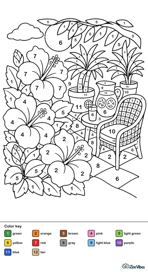 Large hibiscus flowers bloom beside a tiled patio, with a wicker chair, potted palms, a pitcher of lemonade on a table, and sunshine filtering through leaves.
