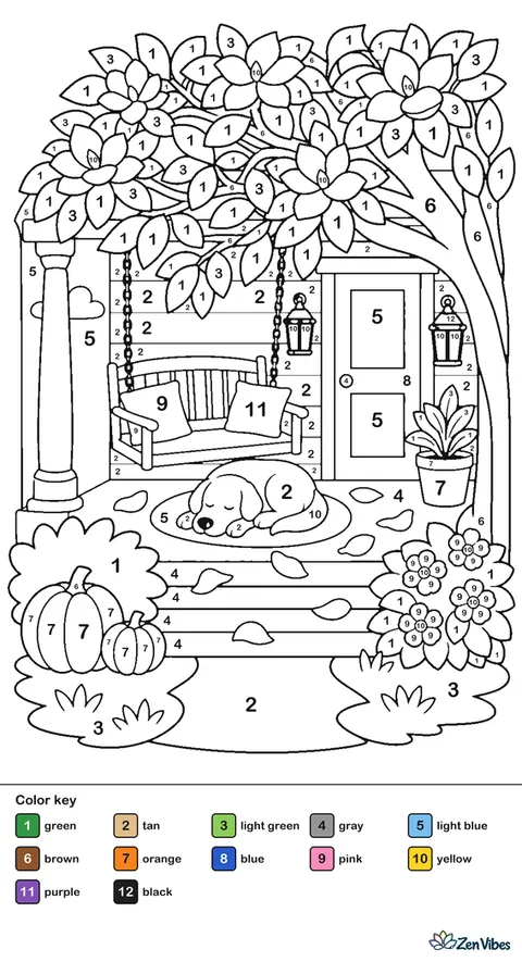 A southern magnolia tree spreads glossy leaves over a porch swing, with fallen petals on the steps, lanterns by the door, and a sleepy dog on the rug.