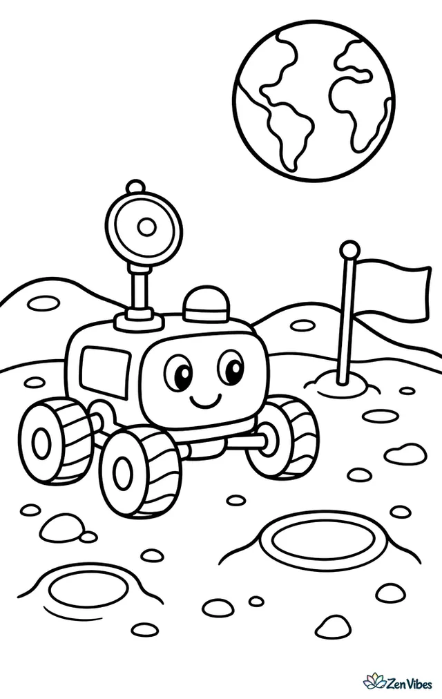 A lunar rover rolls across a dusty moon plain, passing small craters and a planted science flag, with Earth glowing in the dark sky above distant rounded hills.