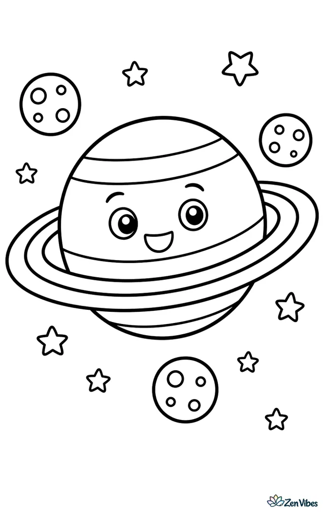 Saturn floats above a simple field of stars, with its broad rings curving around the planet and three small moons drifting nearby in open space.