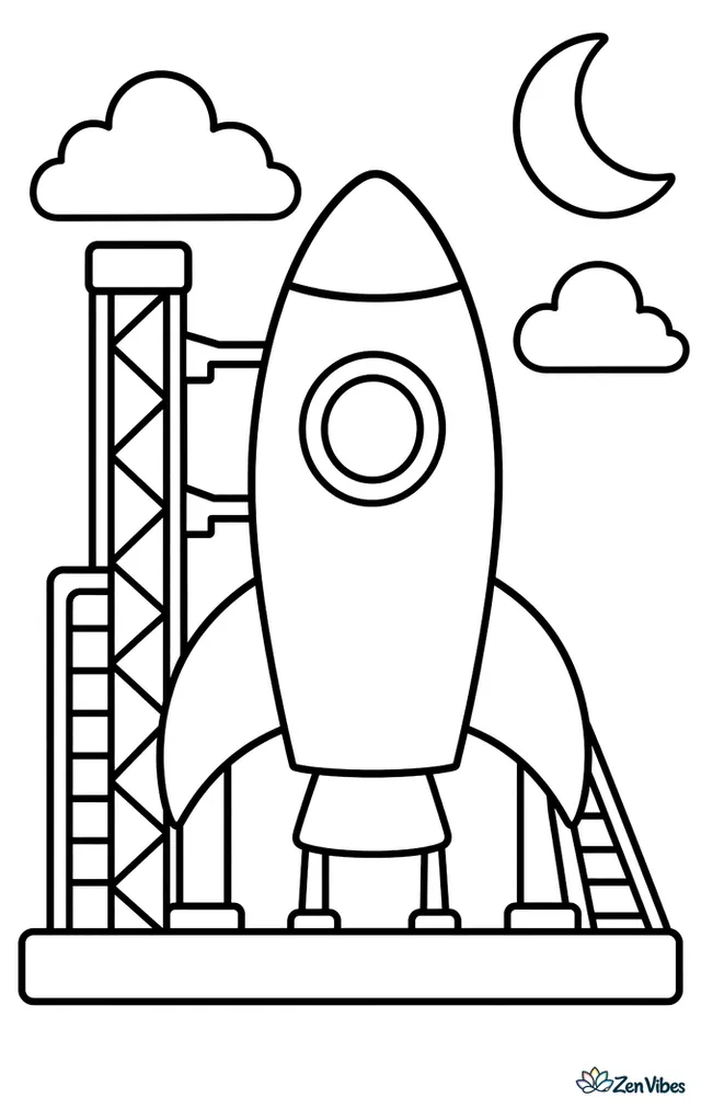 A space rocket stands on a launch pad with ladders and service towers beside it, while puffy clouds and a crescent moon appear in the sky.