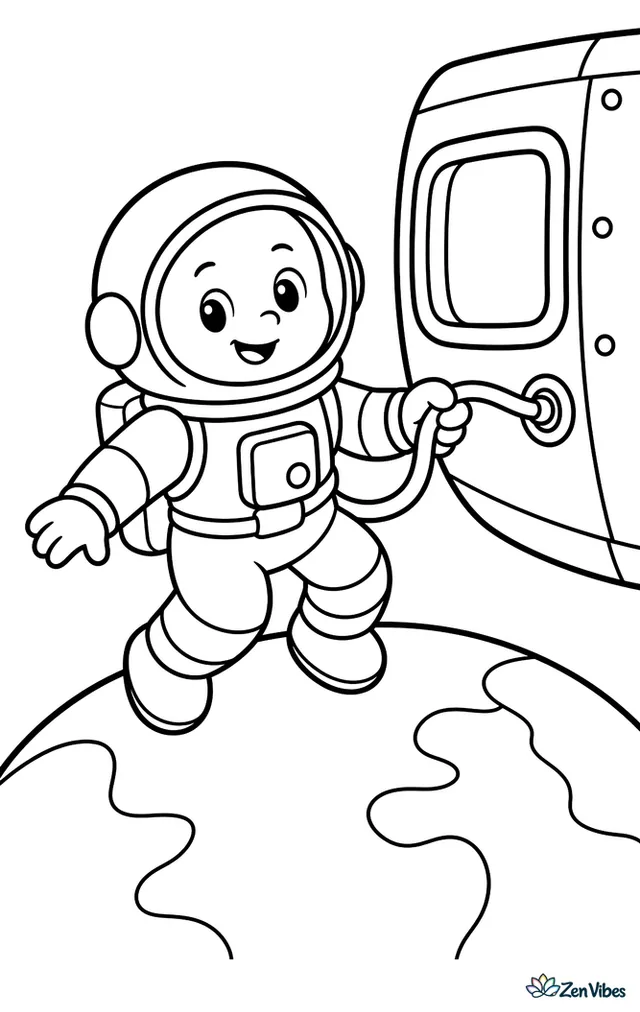 An astronaut floats outside a space station, holding a safety tether near a windowed module, with tiny stars and the curved edge of Earth behind.