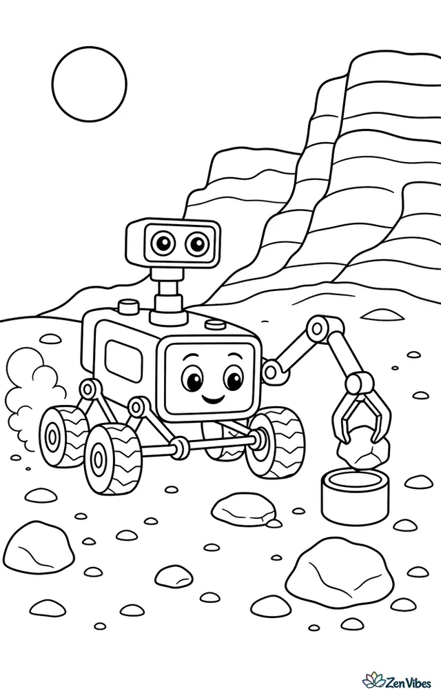 A Mars rover collects a rock sample beside layered red cliffs, with scattered stones, a small dust trail behind its wheels, and a pale sun above.