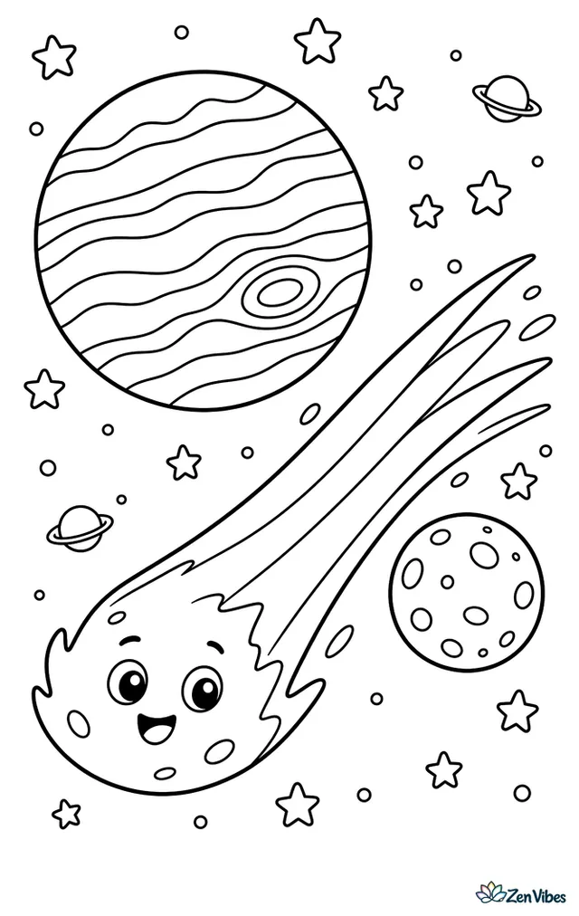 A bright comet streaks past Jupiter and a small cratered moon, leaving a long curved tail among scattered stars and two tiny distant planets.