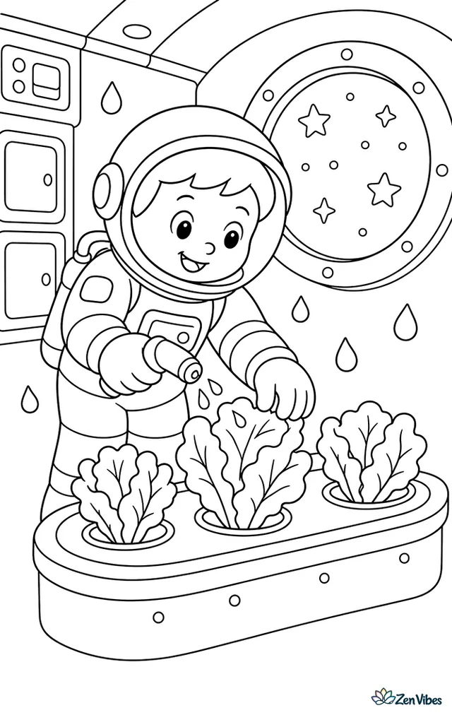 An astronaut tends lettuce plants inside a space station greenhouse, surrounded by floating water droplets, storage panels, and a round window showing stars outside.