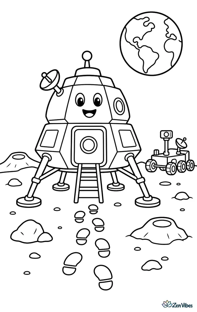 A lunar lander settles onto a flat moon surface near a row of footprints, with rocky mounds, a parked rover, and Earth rising above the horizon.